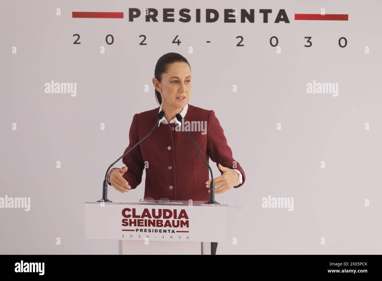 Die designierte Präsidentin Mexikos, Claudia Sheinbaum Pardo, sprach während einer Pressekonferenz über den Rücktritt der Staatsanwaltschaft Sinaloas in Bezug auf die Frage des Drogenhandels-Führers Ismael Mario Zambada 'El Mayo'. Am 22. August 2024 in Mexiko-Stadt. (Kreditbild: © Ian Robles/OKULARIS via ZUMA Press Wire) NUR REDAKTIONELLE VERWENDUNG! Nicht für kommerzielle ZWECKE! Stockfoto