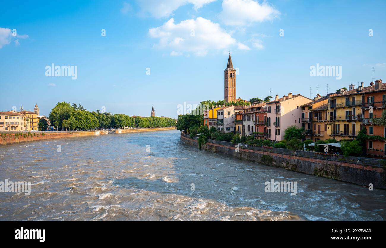 Verona, Italien - 06. Juni 2024: Blick auf die Stadt von der Ponte Pietra Brücke. Der Glockenturm der Basilica di Santa Anastasia im Hintergrund. Stockfoto