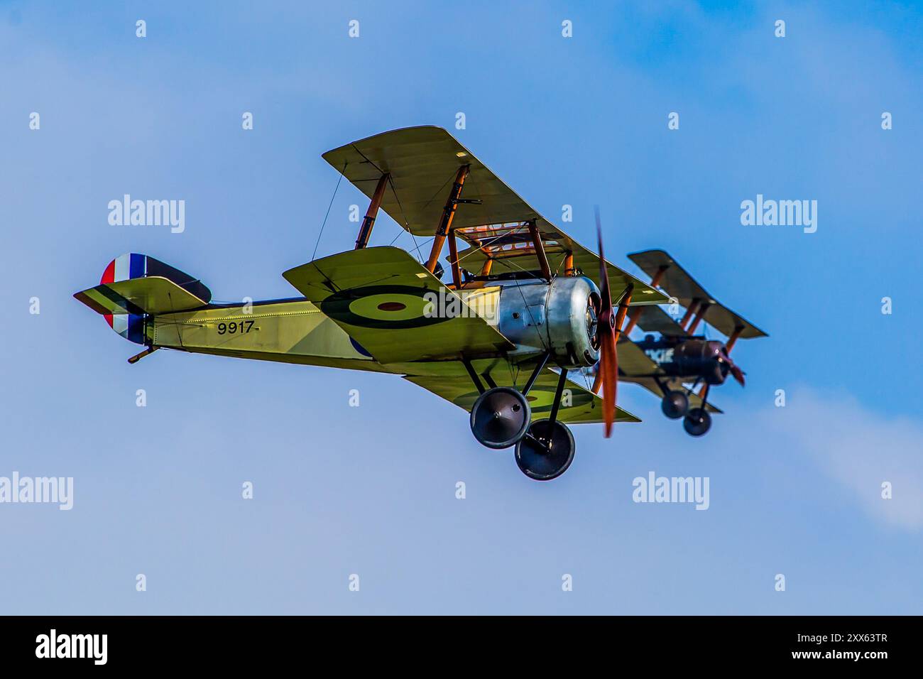 Sopwith Welpen und Triplane fliegen in Formation auf der Shuttleworth Old Warden Airshow Stockfoto