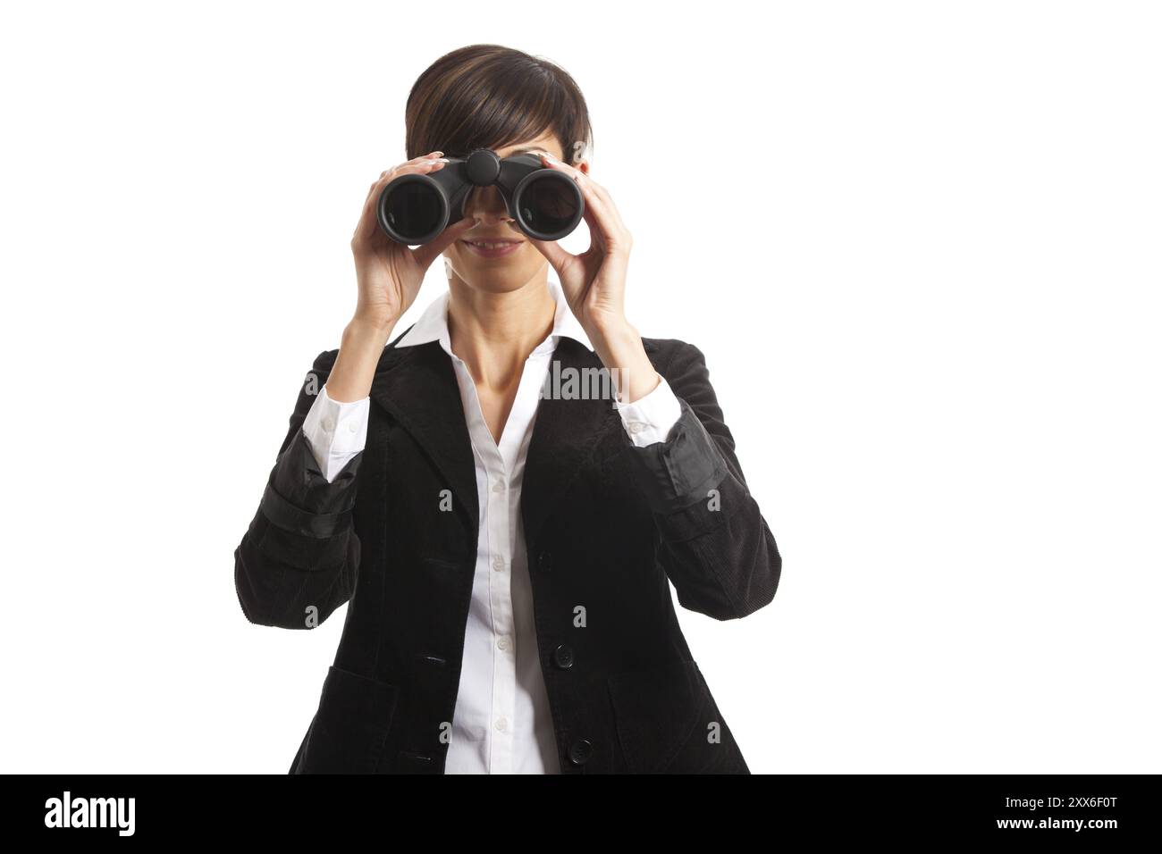 Frau mit dem Fernglas Stockfoto