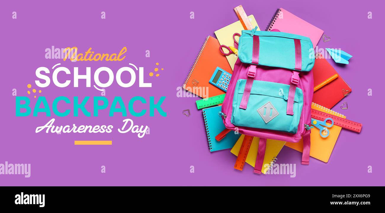 Schultasche und Schreibwaren auf violettem Hintergrund. National School Rucksack Awareness Day Stockfoto