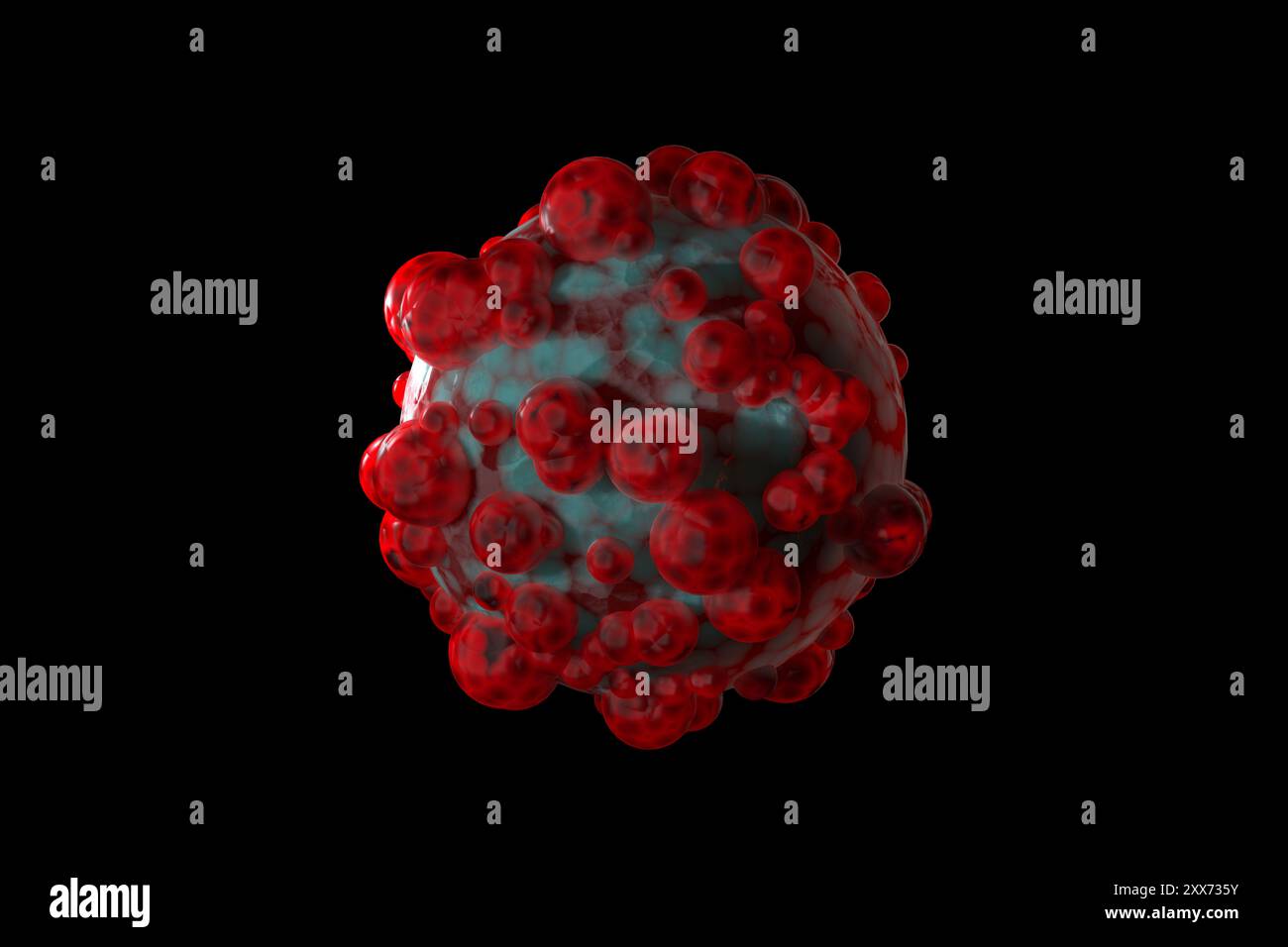 3D gerendertes Bild des Monkeypox Virus, Mpox, isoliert auf schwarzem Hintergrund. Affenpocken sind eine virale Zoonose, die von Tieren auf den Menschen übertragen wird. Stockfoto