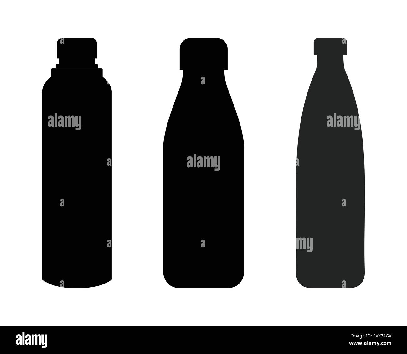 Set des Trinkwasservektorsymbols. Silhouette-Symbolsatz für Kunststoffflaschen. Schwarze einfache Abbildung eines hohen Behälters für Wasser, Flüssigkeit, Öl. Flaches Design. Stock Vektor