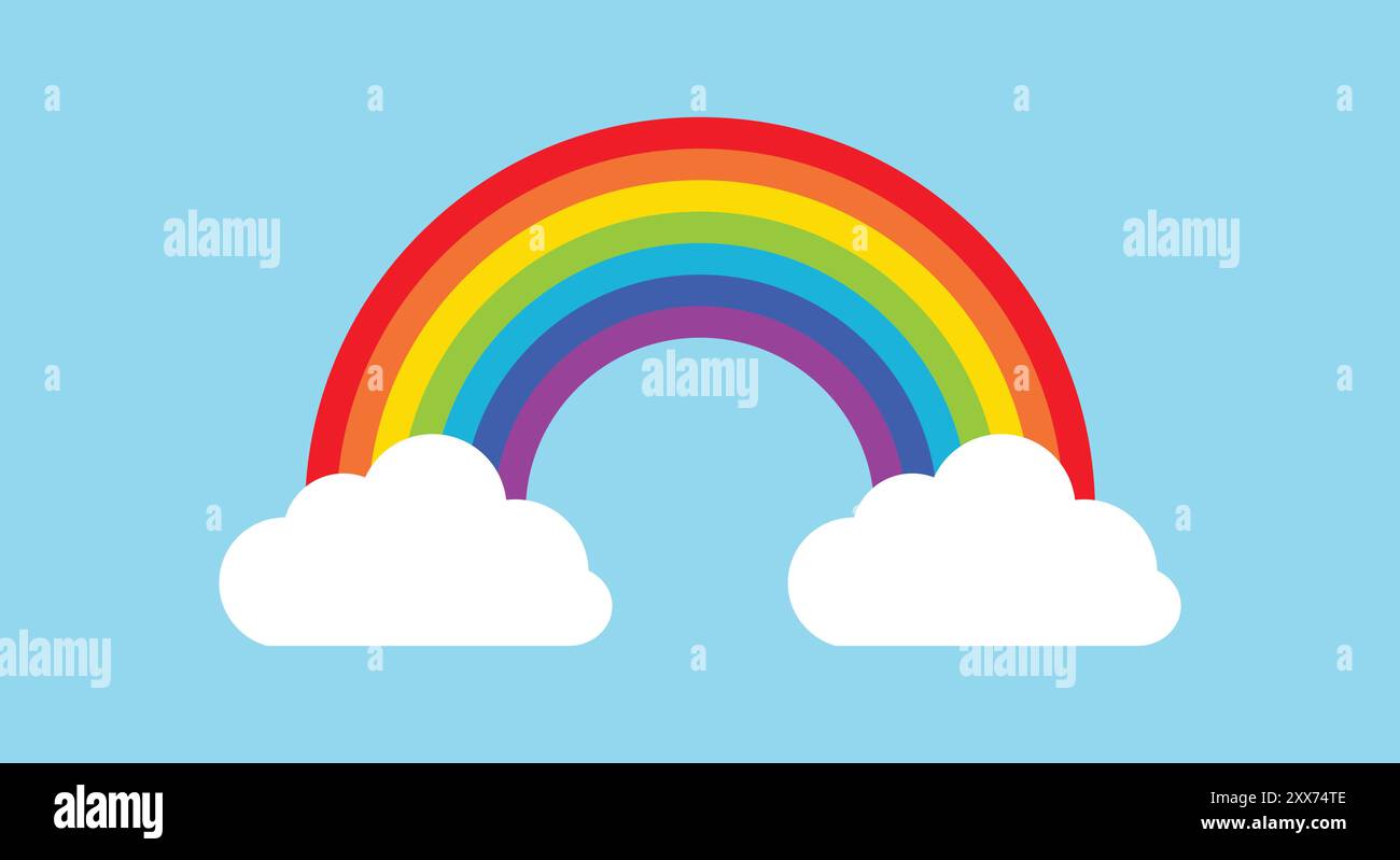 Regenbogensymbol. Regenbogen mit Wolken. Farben Rot, Orange, Gelb, Grün, Blau, Dunkelblau und Lila. Vektorabbildung. Stock Vektor