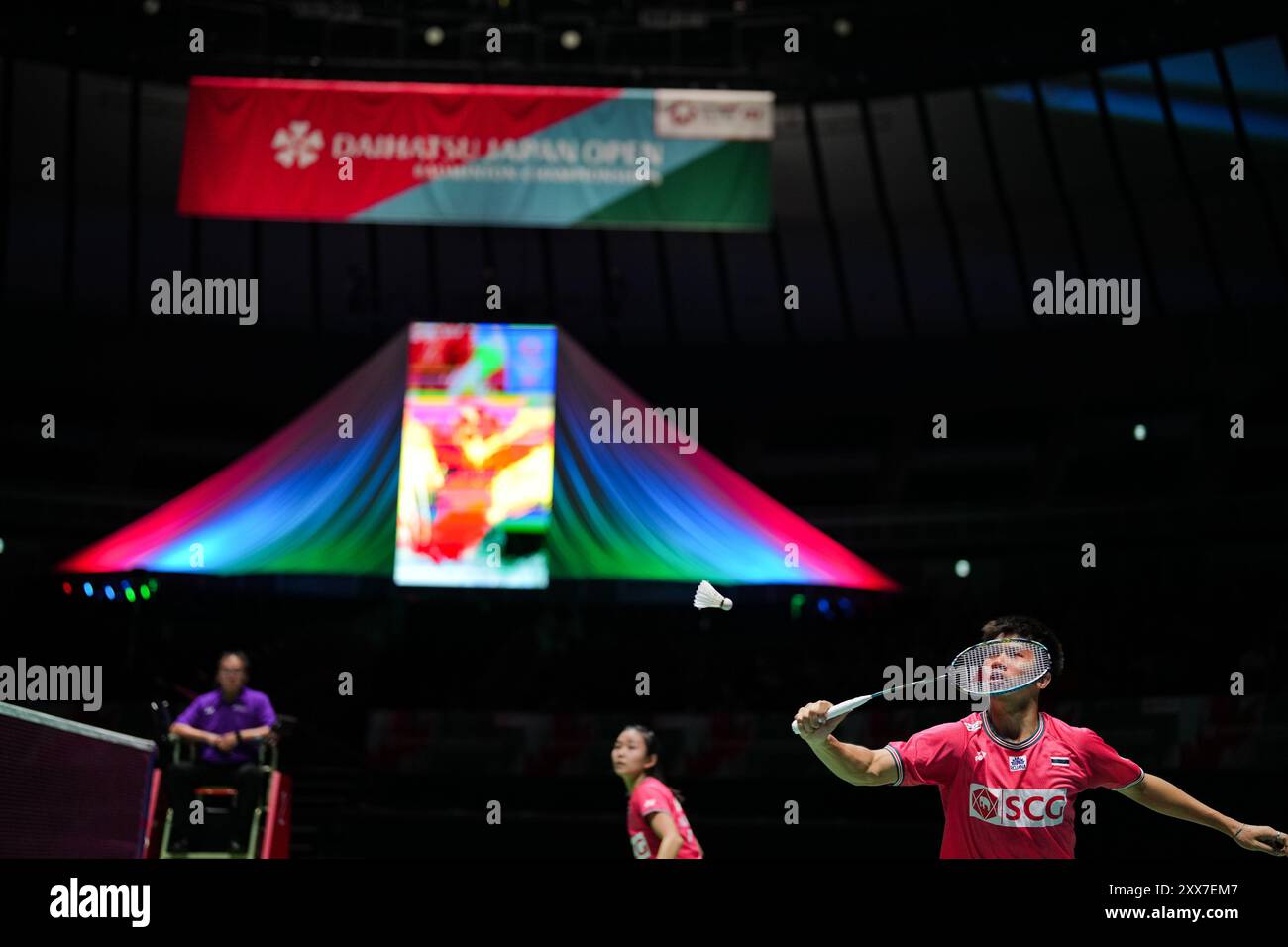 Yokohama, Japan. August 2024. Supak Jomkoh (R) und Supissara Paewsampran (Thailand) treten im Viertelfinale des gemischten Doppel gegen Cheng Xing/Zhang Chi aus China bei den Japan Badminton Open 2024 in Yokohama, Japan, am 23. August 2024 an. Quelle: Zhang Xiaoyu/Xinhua/Alamy Live News Stockfoto