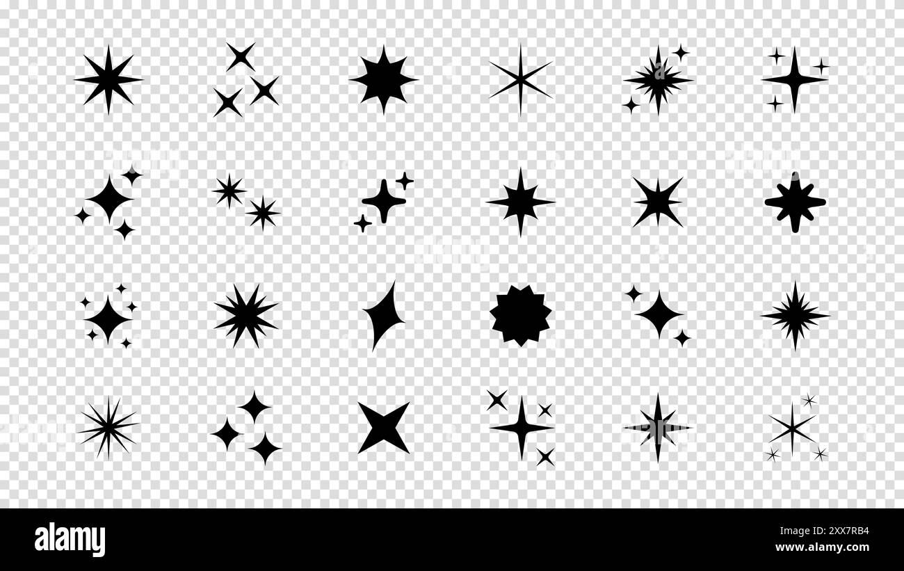 Set mit originalen Sternenformen. Abstraktes Glanzeffekt-Vektorzeichen. Retro futuristische Kollektion mit hellen Vektorsymbolen. Leuchtender Lichteffekt, funkeln Stock Vektor