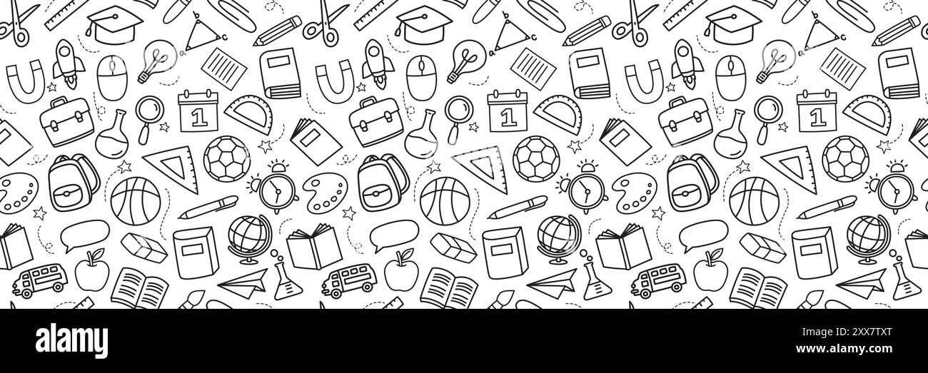 Back to School Hintergrund mit nahtlosem Muster im Doodle-Stil. Ausbildung handgezeichnete Objekte und Symbole mit dünner Linie. Stock Vektor
