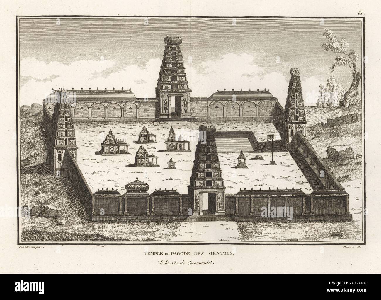 Arunachalesvara Tempel in der Stadt Tiruvannamalai, Tamil Nadu. Mit vier Tortürmen oder Gopurmen und vielen Schreinen. Hindutempel oder Pagode der Gottheit Shiva an der Coromandel-Küste, Indien. Temple ou Pagode des Gentils de la cote de Coromandel. Kupferstich von Jean-Baptiste Marie Poisson nach einer Illustration von Pierre Sonnerat aus seiner Voyage aux Indes Orientales et à la Chine (Reise nach Ostindien und China, Dentu, Paris, 1806). Stockfoto