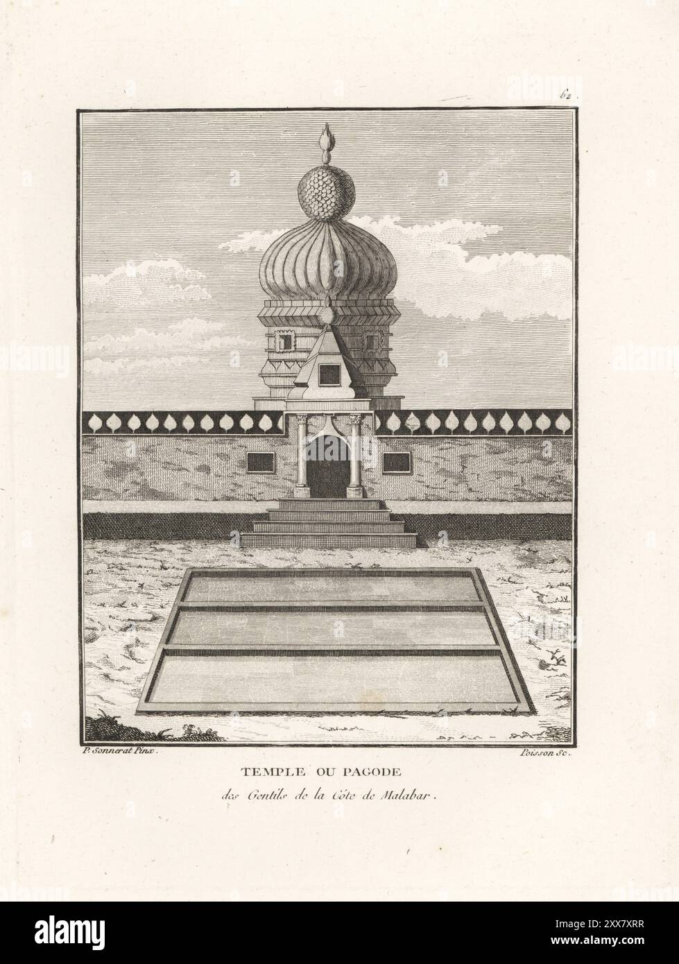 Hindutempel oder Pagode an der Malabar-Küste, Indien, 18. Jahrhundert. Ein Wassertank führt zu einer Treppe, einem Tor mit Säulen, einem runden Turm und einer Kuppel. Tempel oder Pagode des Gentils de la cote de Malabar. Kupferstich von Jean-Baptiste Marie Poisson nach einer Illustration von Pierre Sonnerat aus seiner Voyage aux Indes Orientales et à la Chine (Reise nach Ostindien und China, Dentu, Paris, 1806). Stockfoto