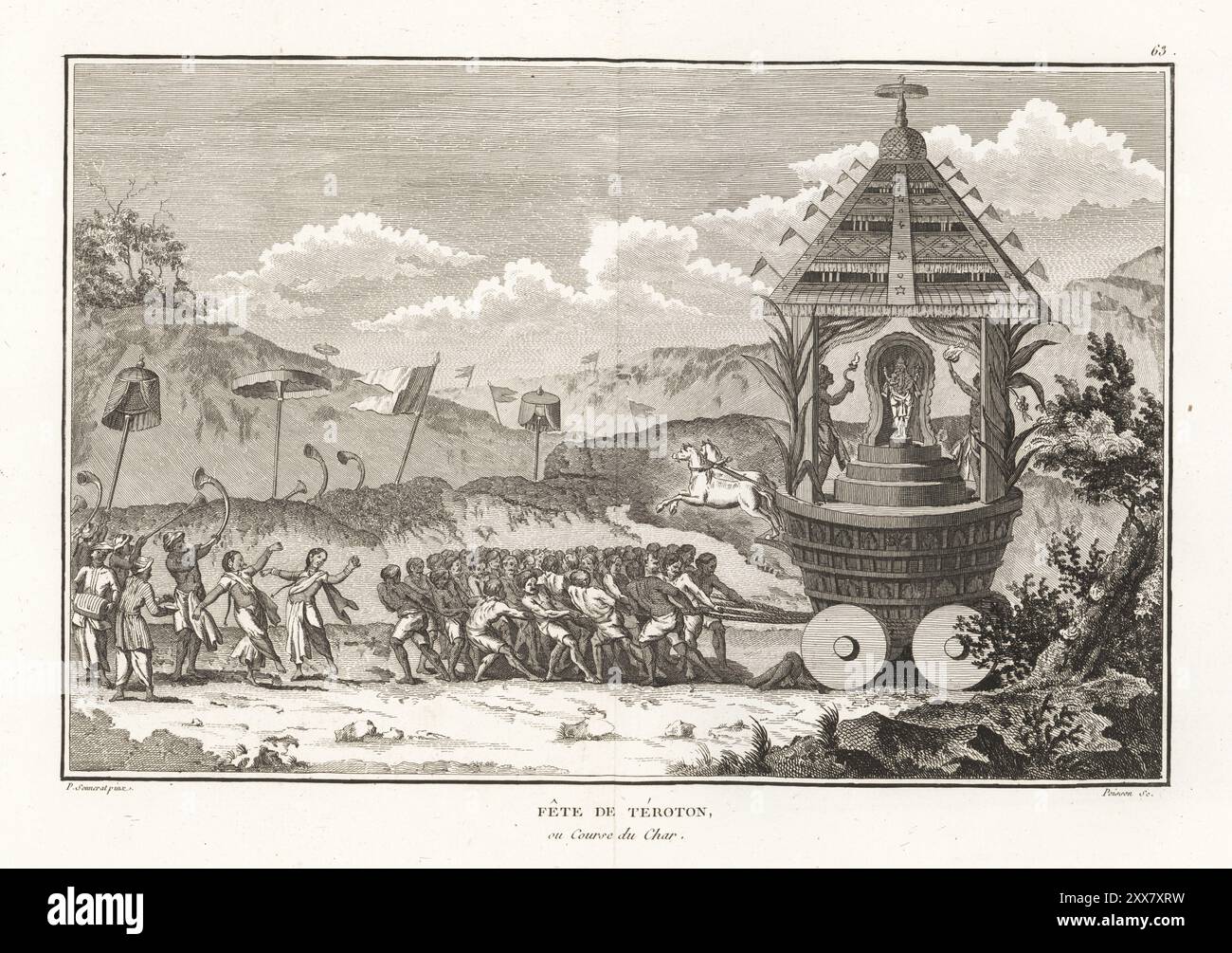 Ratha-Yatra oder Chariot Festival in Indien. Tausende von Gläubigen ziehen einen riesigen, mit einem Dach versehenen Wagen mit einem Symbol eines hinduistischen Gottes. Der Wagen ist mit den Kriegen, dem Leben und der Metamorphose der Gottheit geschnitzt. Ein Mann hat sich unter die Räder geworfen, um zu Tode gequetscht zu werden. Die Prozession ist der 10. Tag des Tirounal Festivals in Puri, Baripada usw. Fete de Teroton ou Course du Char. Kupferstich von Jean-Baptiste Marie Poisson nach einer Illustration von Pierre Sonnerat aus seiner Voyage aux Indes Orientales et à la Chine (Reise nach Ostindien und China, Dentu, Paris, 1806). Stockfoto