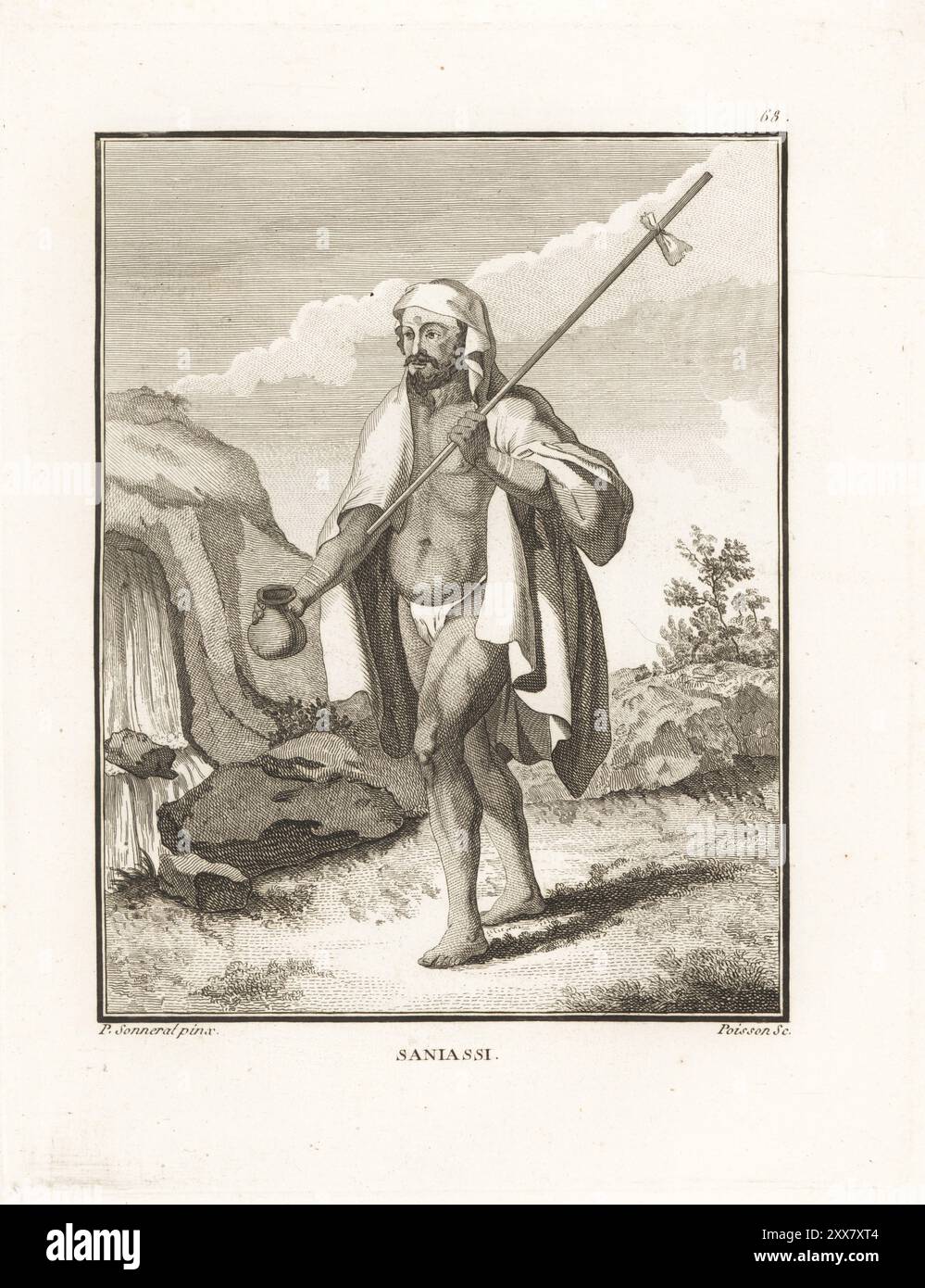 Ein Sannyasi, ein hinduistischer Asket. Er trägt einen Dhoti-Lendenschurz und ein weißes Gewand und geht in die Nähe eines Wasserfalls mit einem Stab und einer Wasservase. Saniassi. Kupferstich von Jean-Baptiste Marie Poisson nach einer Illustration von Pierre Sonnerat aus seiner Voyage aux Indes Orientales et à la Chine (Reise nach Ostindien und China, Dentu, Paris, 1806). Stockfoto