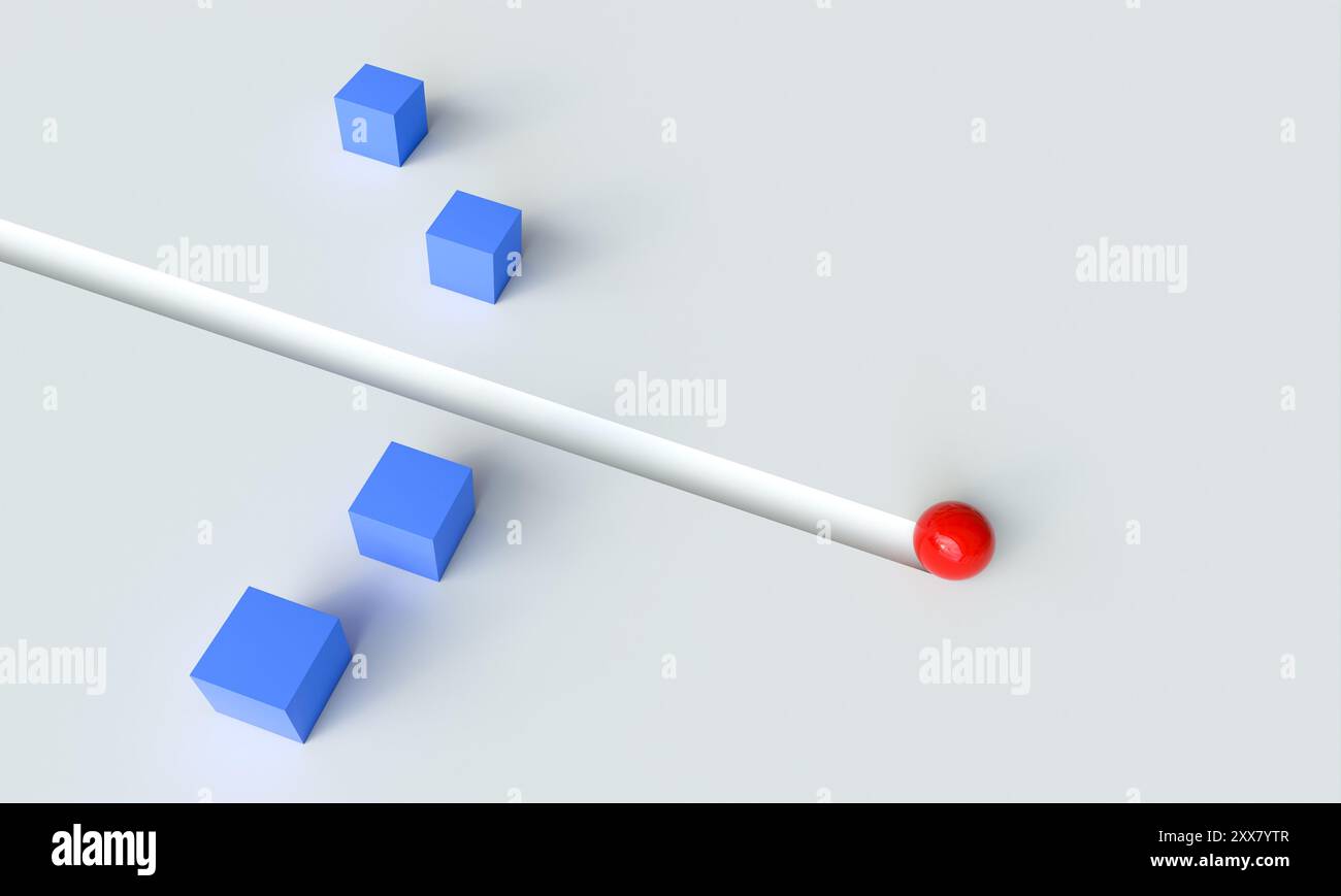 3D-Rendering einer roten Kugel, die die Linie überquert, um sich dem Blue Cubes Team anzuschließen Stockfoto