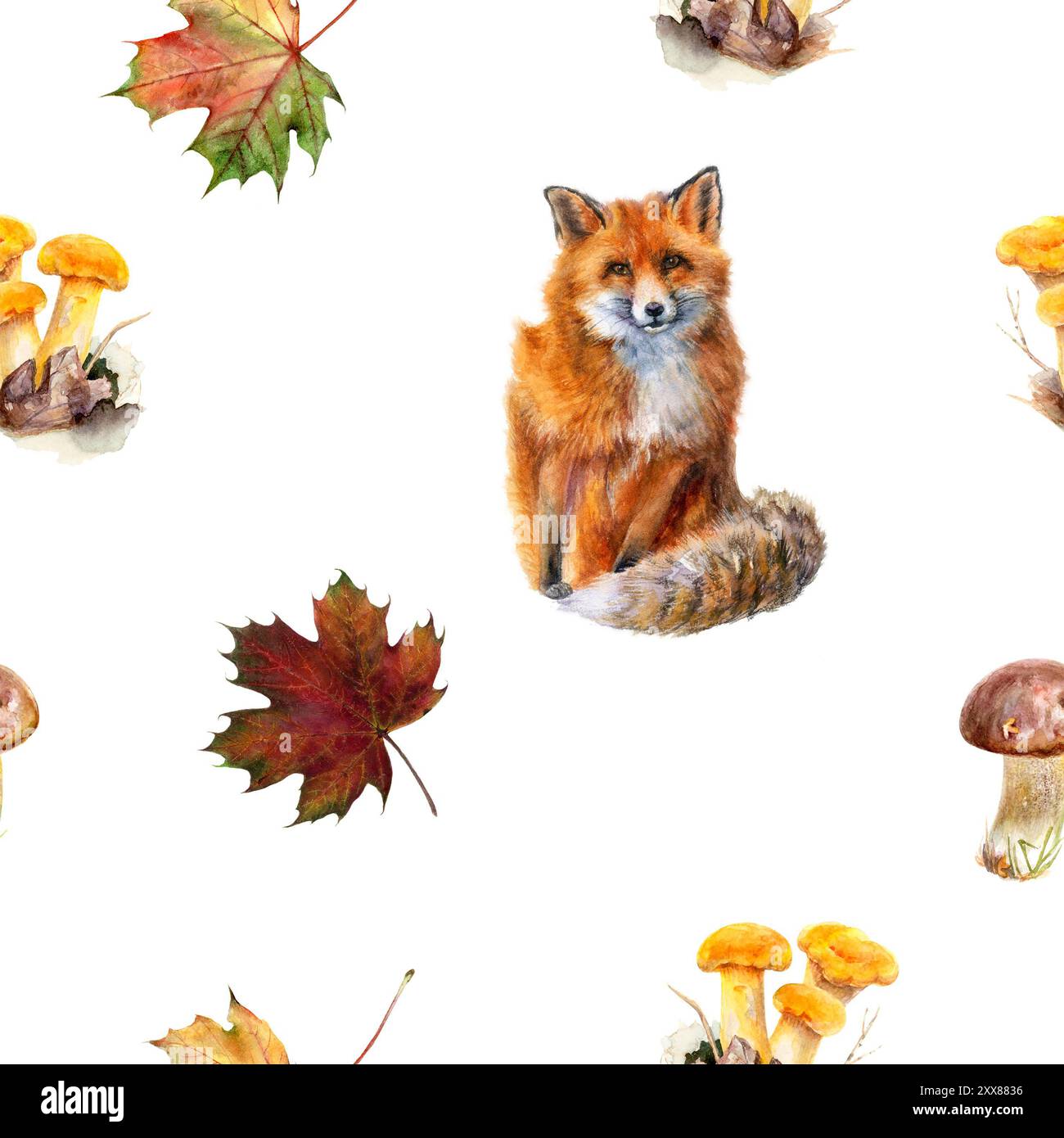 Aquarellfarben nahtloses Herbst-Wildlife-Muster mit einem bezaubernden Fuchs und verschiedenen bunten Pilzen Stockfoto