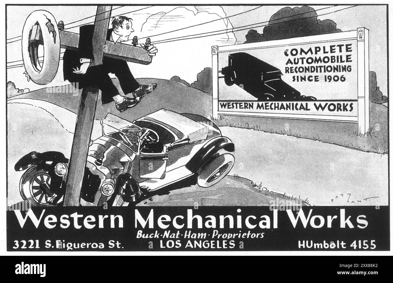 1929 Western Mechanical Works Ad - Complete Automobile Reconditioning since 1906 - Los Angeles Kalifornien - Charles Payzant Art Stockfoto