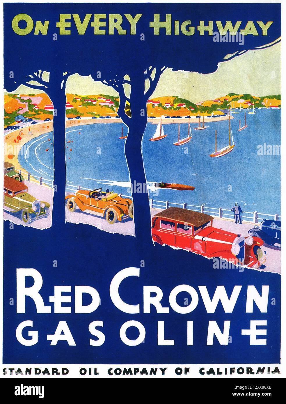 1929 Red Crown Benzoline Advertising – „On Every Highway“ – Standard Oil Company of California Stockfoto