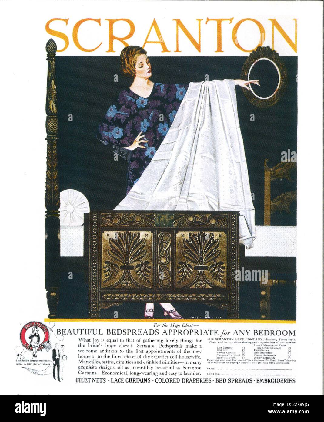1921 Scranton Bettüberwürfe Schnürsenkel Werbung mit Coles Phillips Art Stockfoto
