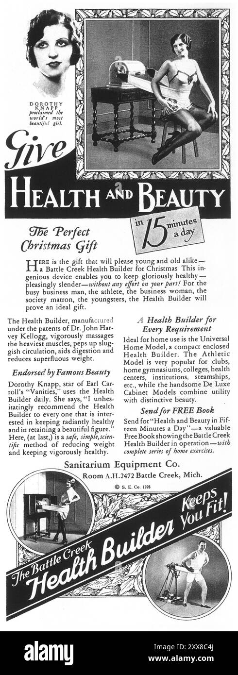 1928 Battle Creek Health Builder Werbespot mit Dorothy knapp, amerikanischer Tänzerin und Schauspielerin Stockfoto