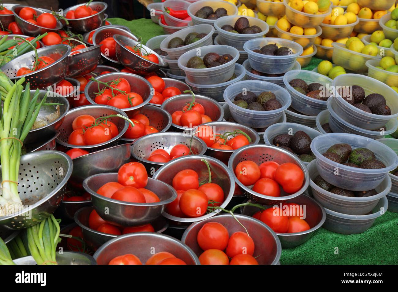 Zwiebeln, Tomaten und haas Avocados in einem Gemüseladen am Peckham Rye Lane Market im Großraum London, Großbritannien. Stockfoto