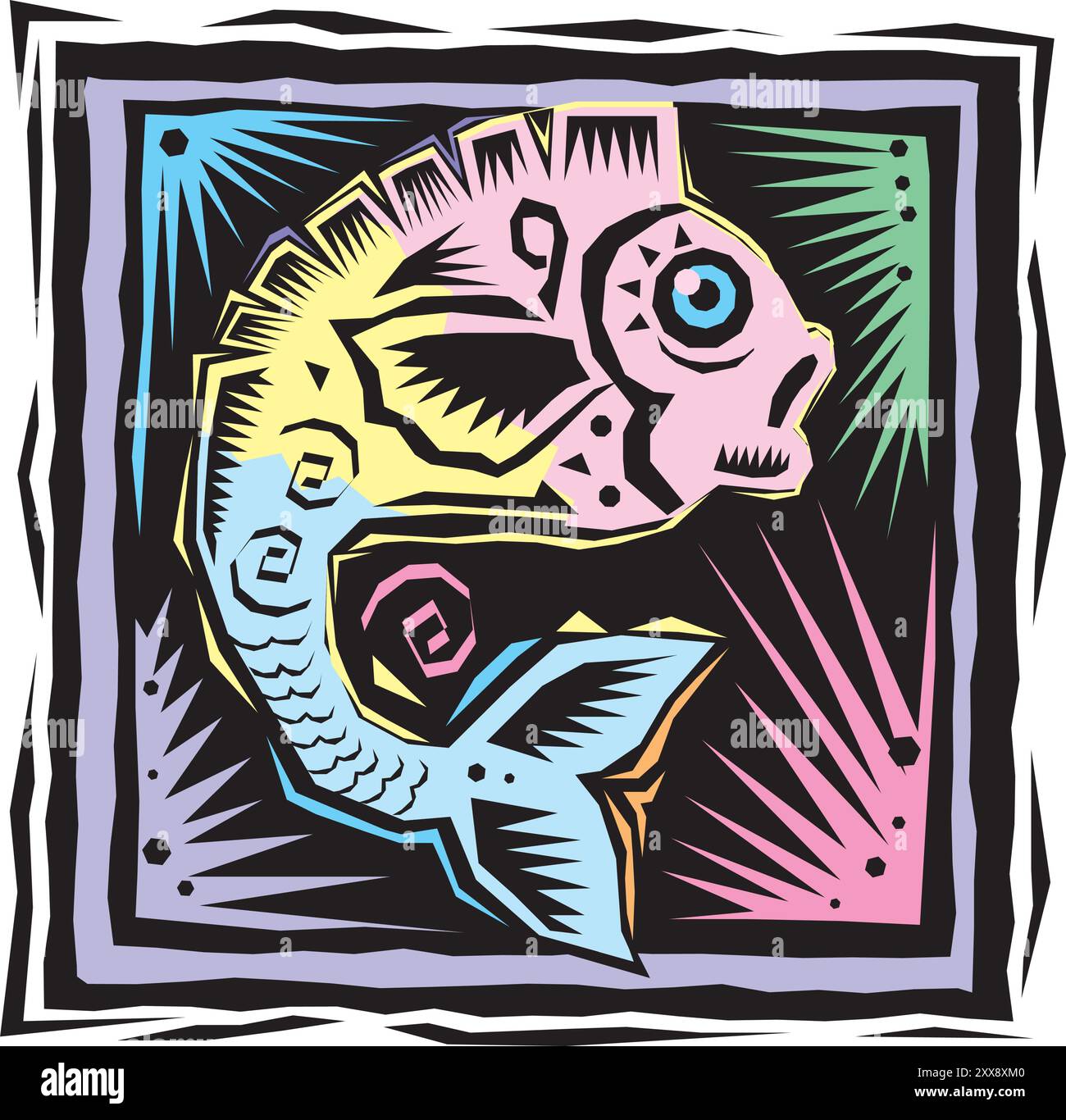 Linocut-Effekt, Zeichentrickstil, Fisch, Farbe, weißer Hintergrund Design Vektor Illustration Stock Vektor