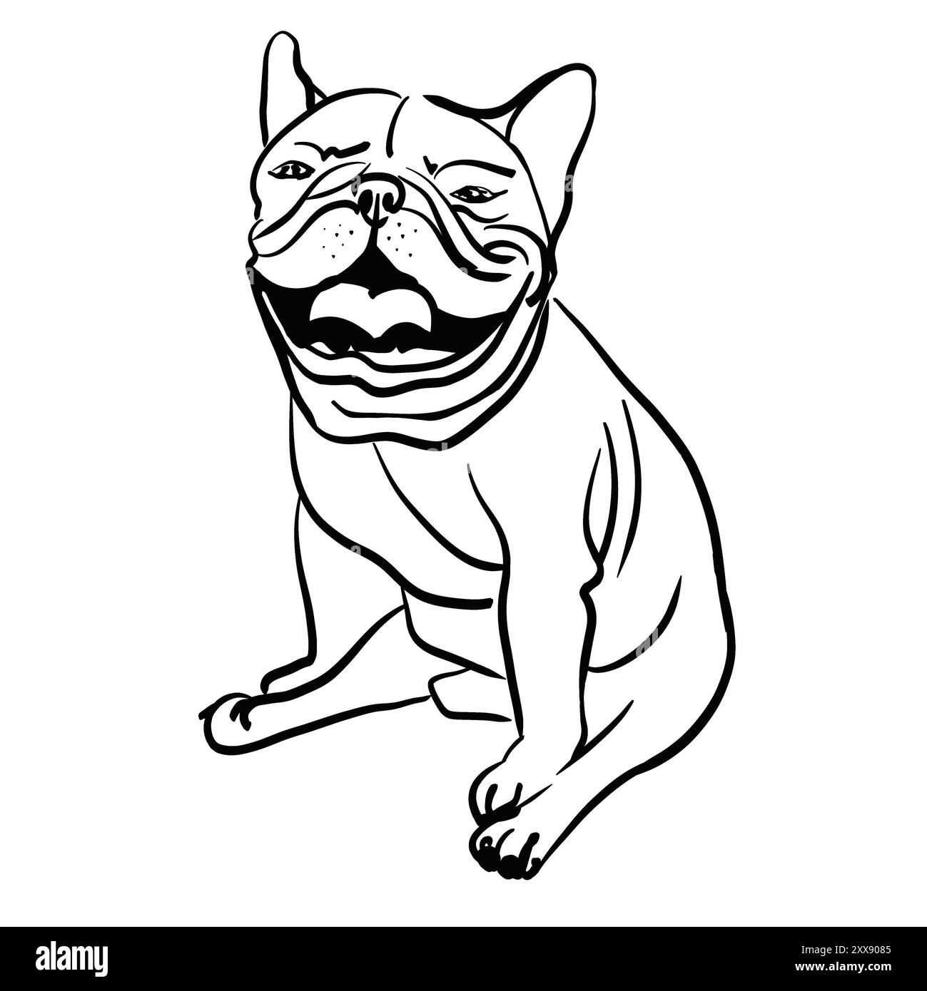 Französische Bulldogge sitzend. Flacher Fang, Ohren hoch, fröhlich und lächelnd. Schwarzweißskizze. Mit einer Linie gezeichnet. Kein Hintergrund. Stockfoto