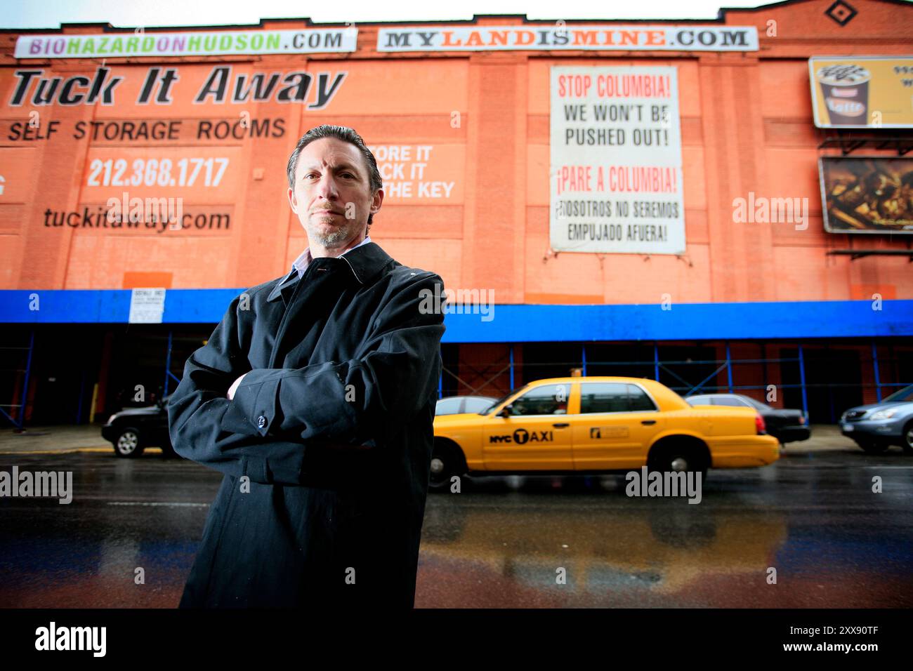 Präsident Nick Sprayregen vom Tuck-it-Away-Lager hat den Kampf gegen den Immobiliengiganten Columbia University aufgenommen, der versucht, sein Eigentum über eine bedeutende Domäne zu bekommen. Stockfoto