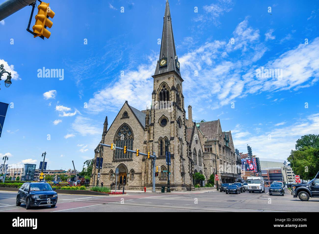 Detroit, USA - 13. Juni 2024: Außenarchitektur der Central United Methodist Church. Stockfoto