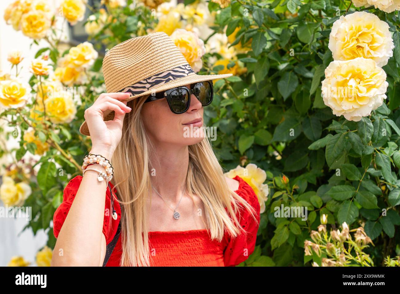 Weiße blonde junge Frau mit Sonnenbrille und Strohhut, umgeben von gelben Rosen in einem Garten Stockfoto