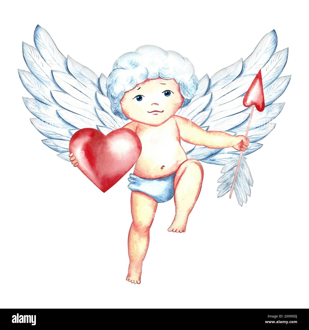 Ein süßer, charmanter Cupid mit Pfeil und Herz. Das Baby ist ein Cupid, ein Engel. Eine handgezeichnete Aquarellillustration. Ein Designelement für Valentinstag Stockfoto