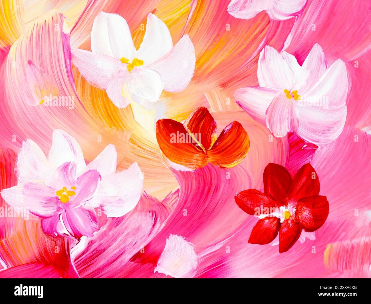 Abstrakte rosa und rote Blumen, Original handgezeichnet, Impressionismus Stil, Farbstruktur, Pinselstriche von Farbe, Kunsthintergrund. Moderne Kunst. Stockfoto