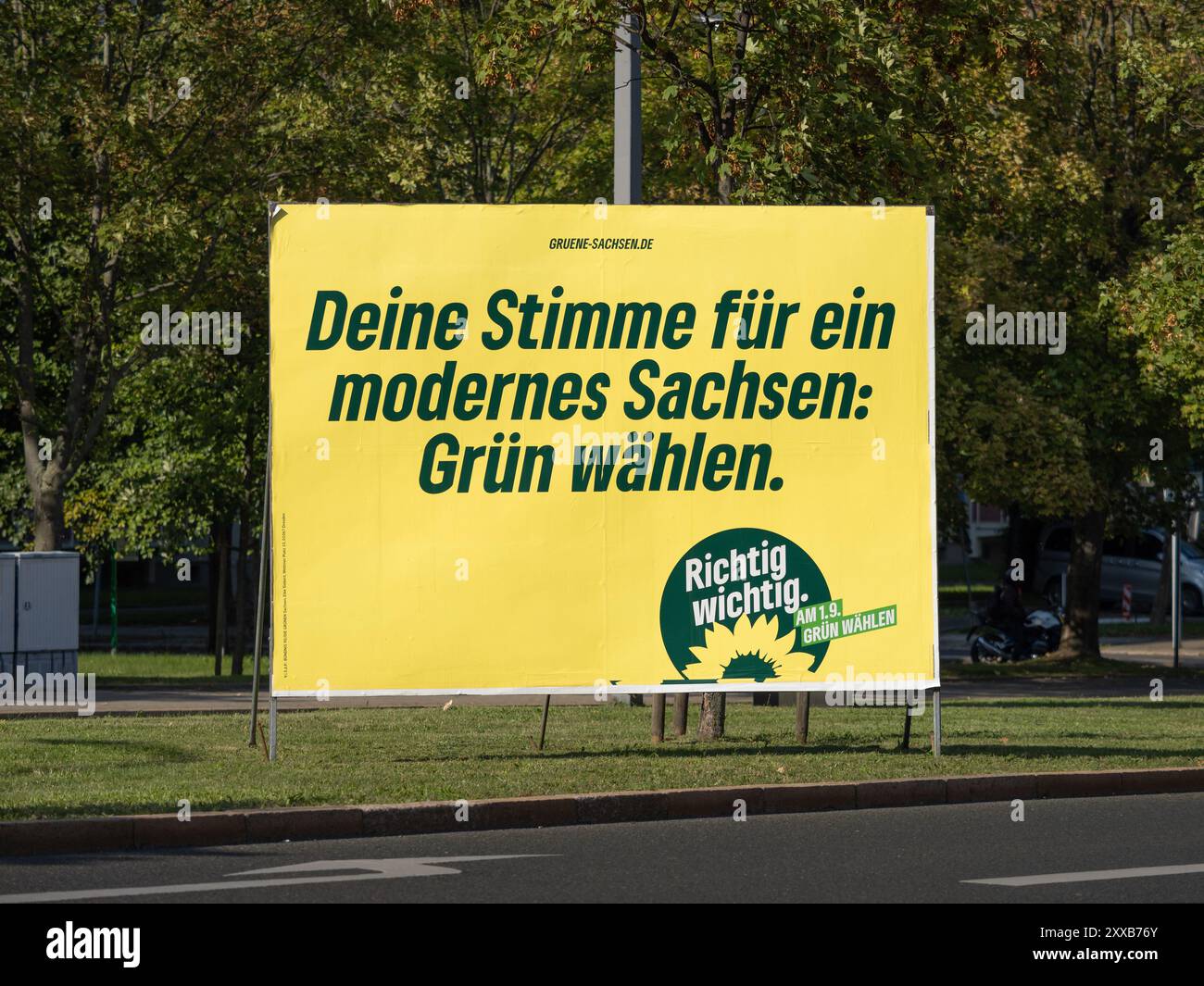 Wahlkampfplakat die Grünen zur Landtagswahl 2024. Der Slogan lautet: "Stimmen Sie die Grünen für ein modernes Sachsen". Anzeige der Umweltschützer. Stockfoto
