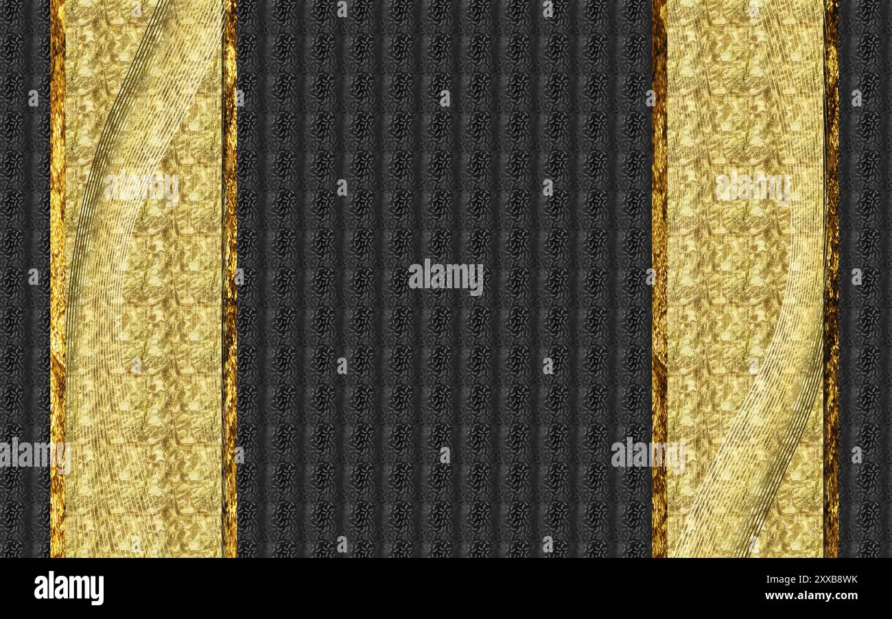 3D-Wandtapete. Moderne, abstrakte, goldene Linien und Hintergrund aus Marmor, Holz und Schwarz. Wohn- und Schlafzimmerdekoration Stockfoto