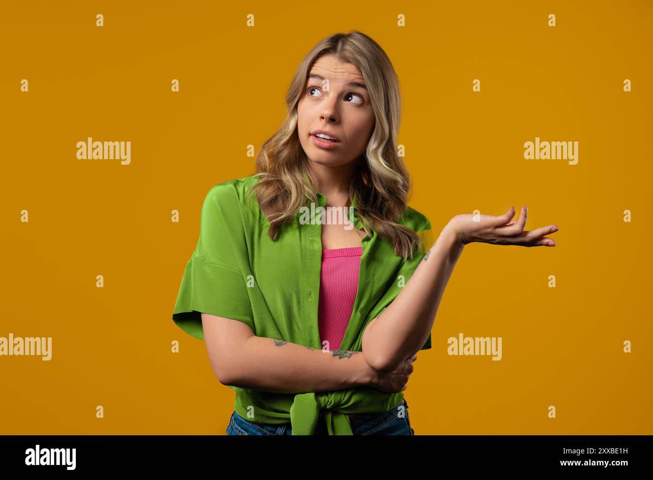 Irritierte Frau fragt, ob du verrückt bist. Streitende Dame isoliert auf gelbem Hintergrund. Empörter Ausdruck, jemandem die Schuld zu geben. Stockfoto
