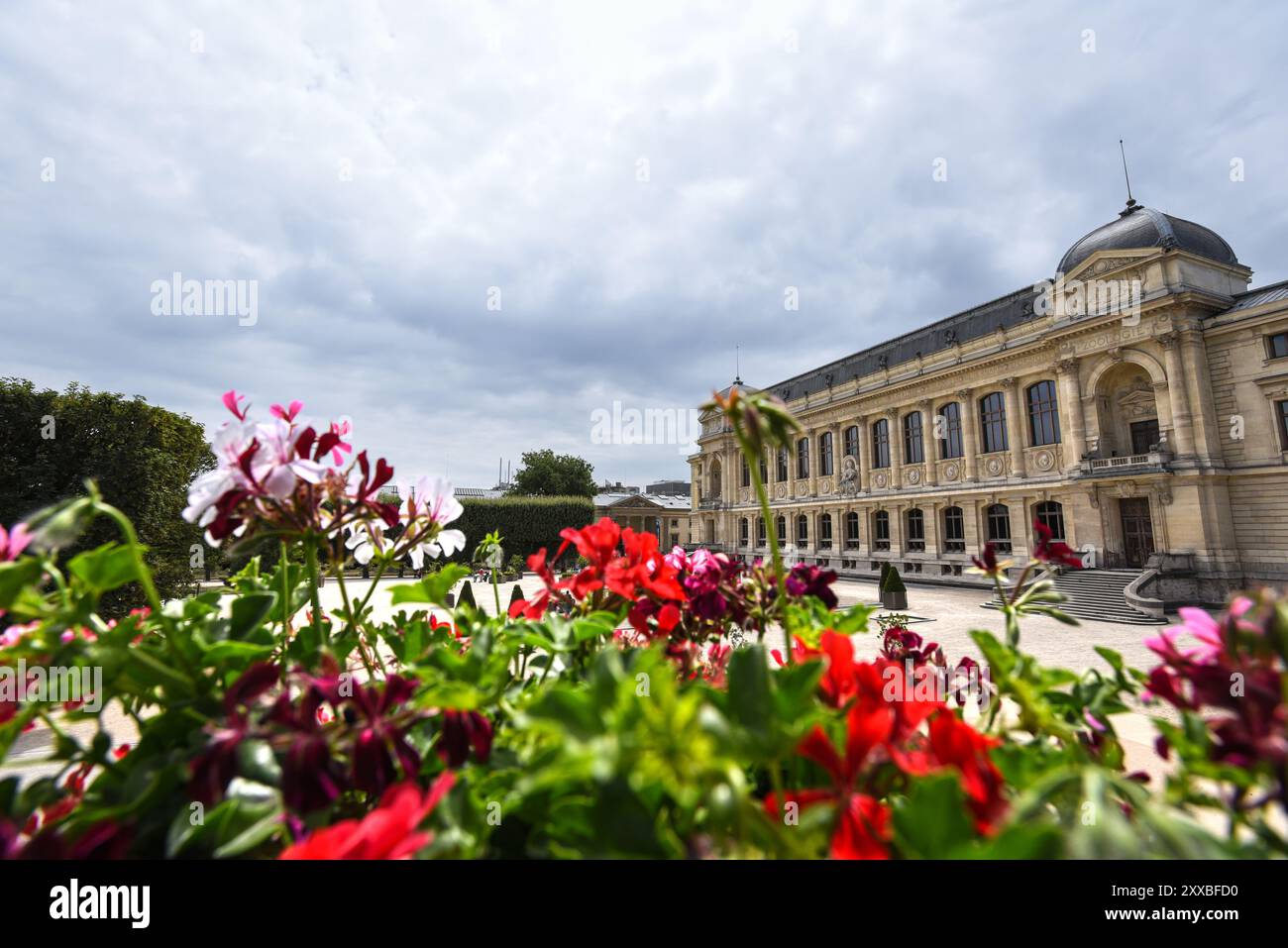 Galerie der Evolution mit lebendigem Blumenvordergrund in Jardin des Plantes - Paris, Frankreich Stockfoto