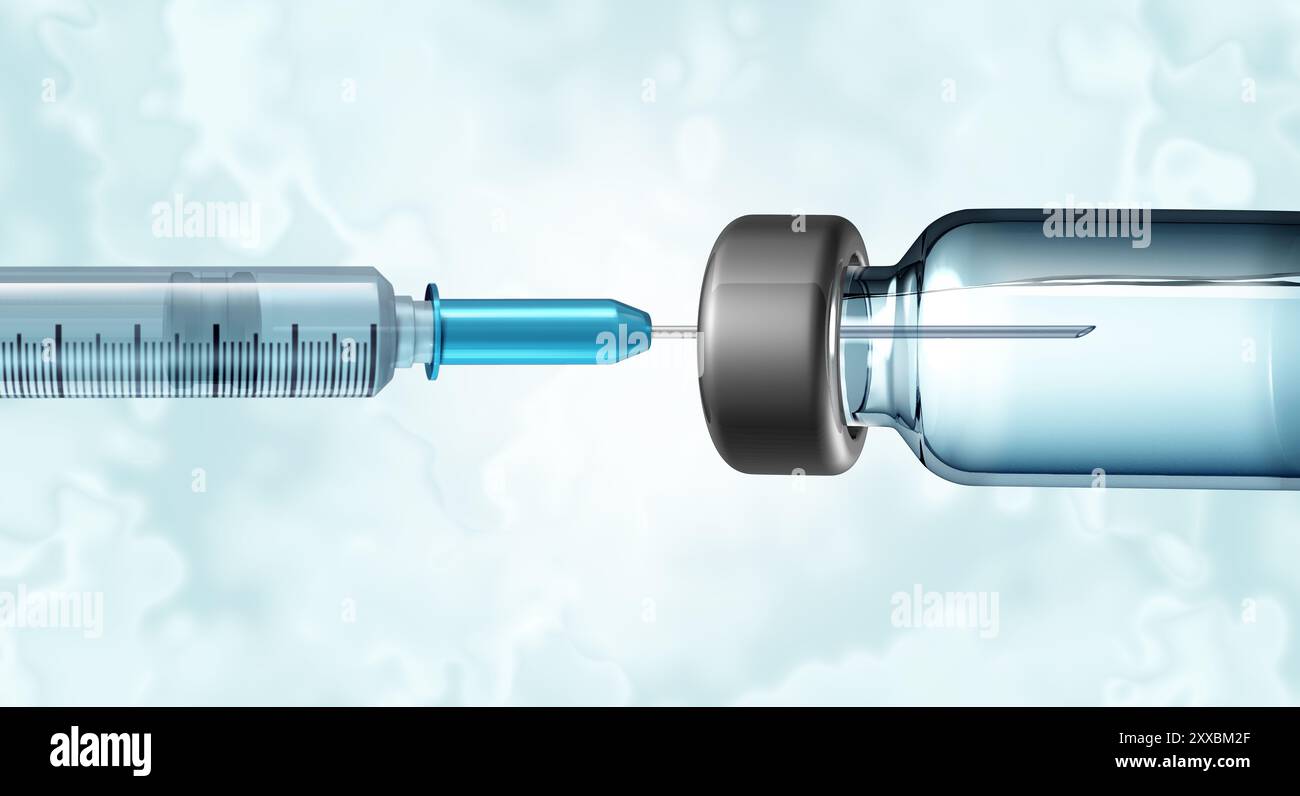 Impfstoff und Spritze als Medizingerätsymbol zur Immunisierungsimpfung und Verwendung von Spritzen als Krankenhausnadel in einer Arzneimittelflasche. Stockfoto