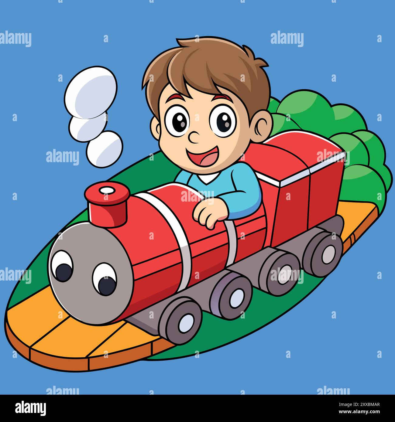 Boy Riding a Train - lustige und skurrile Kinderillustration Stock Vektor