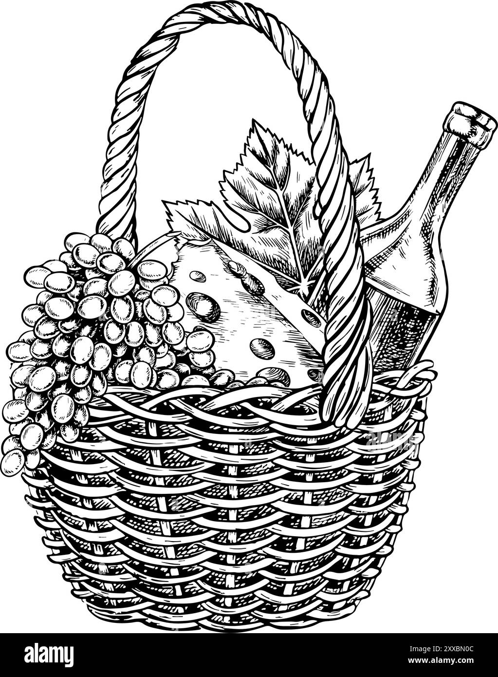 Ein Picknickkorb aus Korb, eine Flasche Wein, Käse und Trauben. Eine von Hand gezeichnete grafische Vektorgrafik. Urlaub in der Natur. Isolieren Sie auf einer weißen Rückseite Stock Vektor