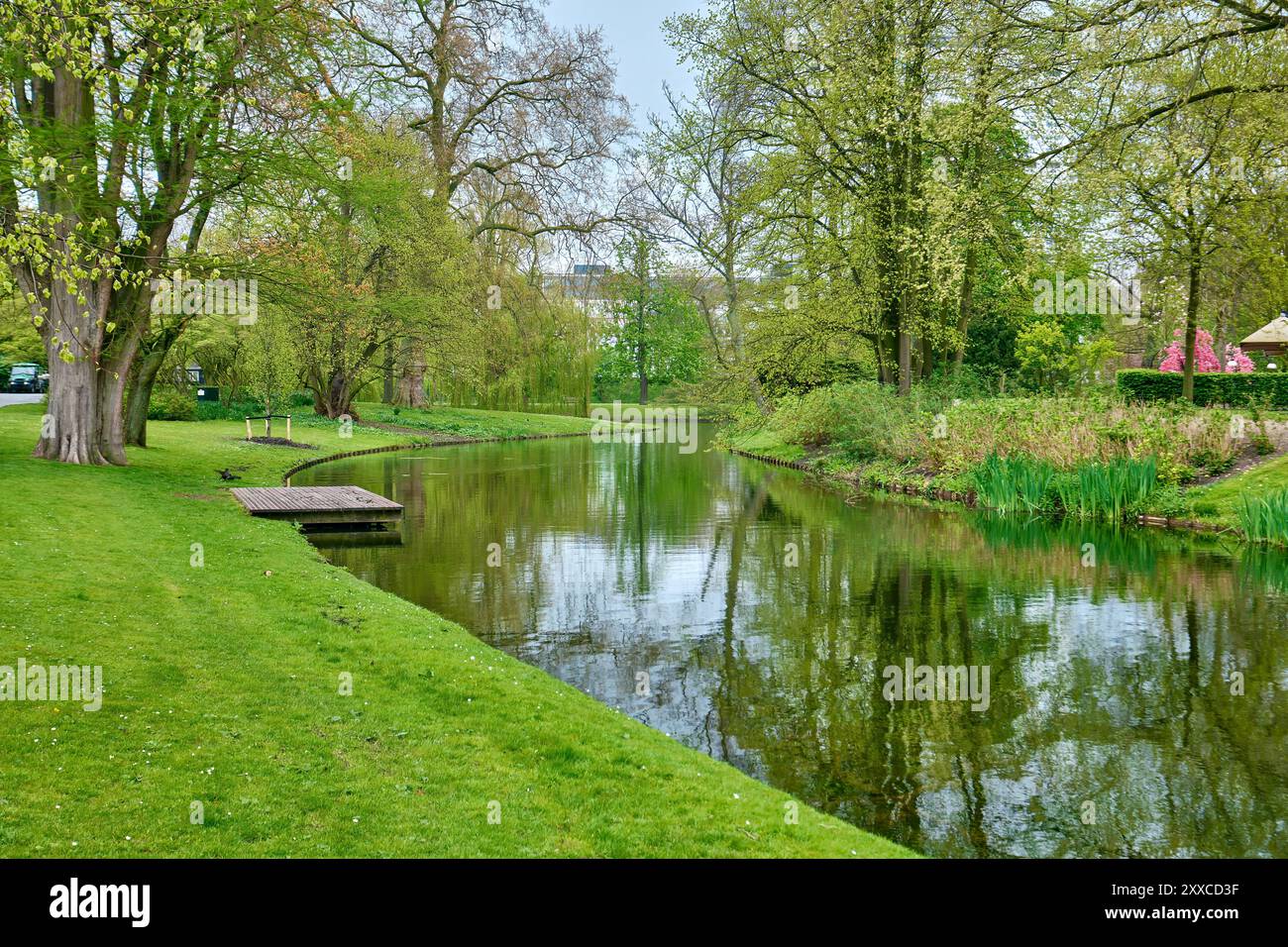 Rotterdam, Niederlande - 11. April 2024: Das Wasser des Teichs und der grüne Rasen im Het Park Stockfoto