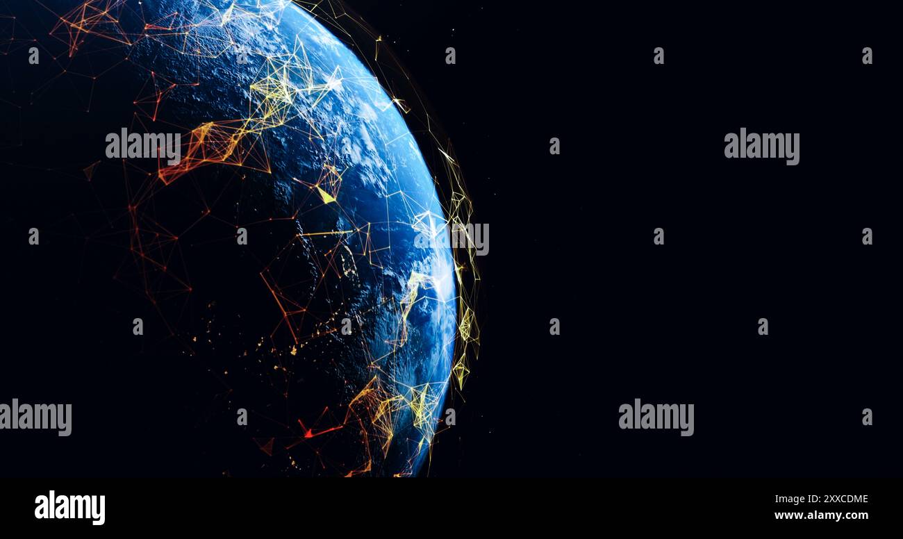 Kommunikationstechnologie für das Internet-Geschäft. Globales weltweites Netzwerk und Telekommunikation auf der Erde und IoT. Dynamische digitale Weltkarte Connect Stockfoto