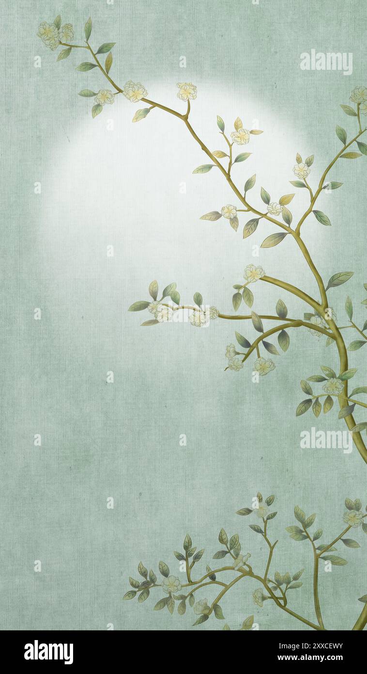 Vertikale 3D-florale Tapete mit einem hellen, schlichten grünen Hintergrund. Blumenzweige, moderne Kunst für Wohnkultur Stockfoto