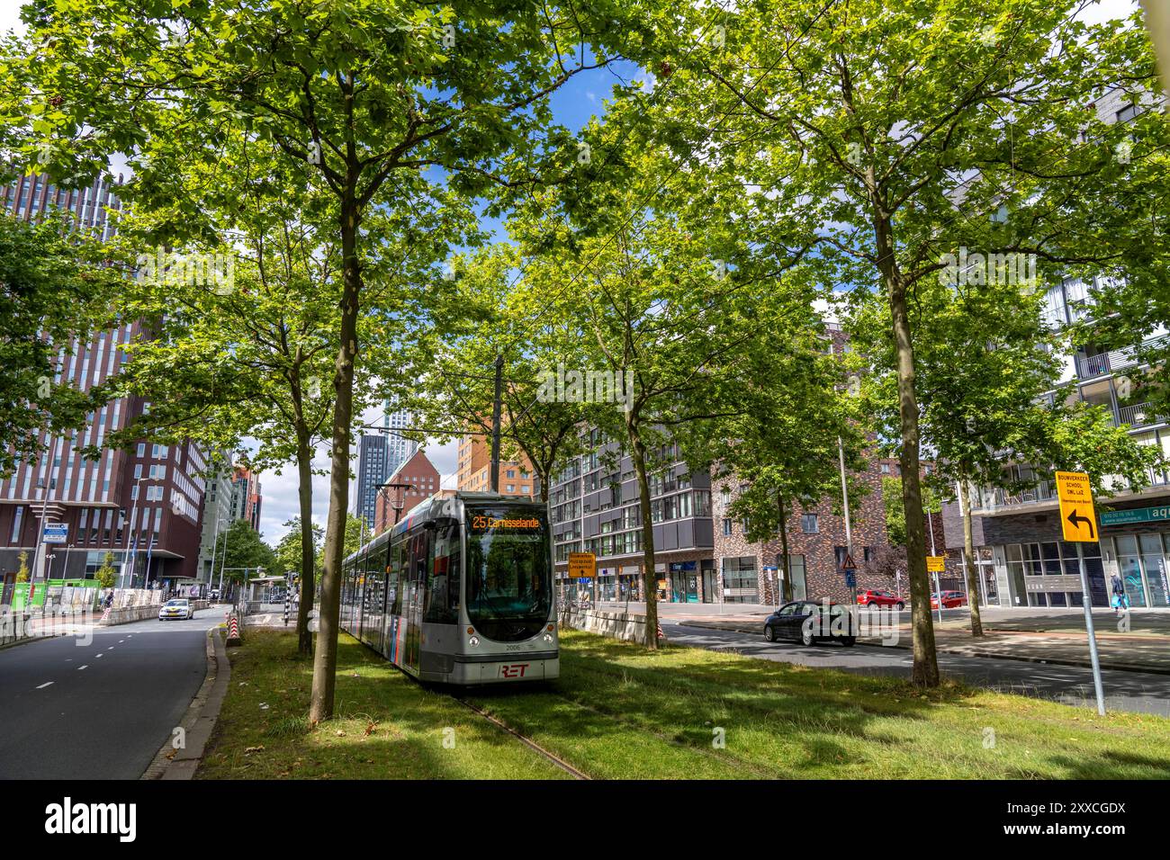 Stadtbegrünung, Innerstädtische Straße Laan op Zuid, im Rotterdamer Stadtteil Feijenoord, 4 Fahrspuren, 2 Straßenbahn Gleise, beidseitige Radwege, Gehwege und Parkstreifen, mit hunderten von Platanen begrünt, auf rund 1,5 KM, geben Schatten, kühlen im Sommer, Straßenbahngleise mit Rasenoberfläche, weniger Flächenversiegelung, Stadtklima, Mikroklima in der Stadt, Rotterdam, Niederlande Stadtgrün Rotterdam *** Stadtgrün Rotterdam *** Stadtbegrünung, innerstädtische Straße Laan op Zuid, im Rotterdamer Stadtteil Feijenoord, 4 Fahrspuren, 2 Straßenbahnwege, Radwege beidseitig, Fußwege und Parkwege, bepflanzt mit h Stockfoto