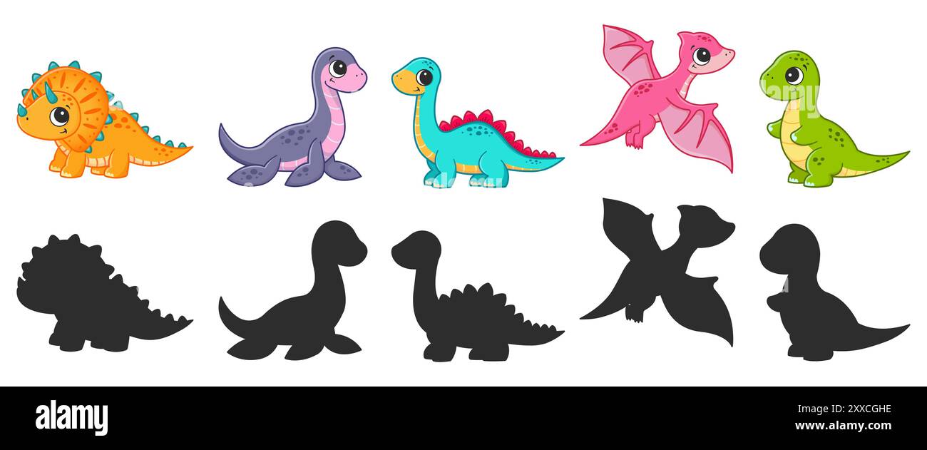 Verschiedene Arten von Dinosauriern und ihre Silhouetten. Vektor-Zeichentrick-Illustration. Stock Vektor