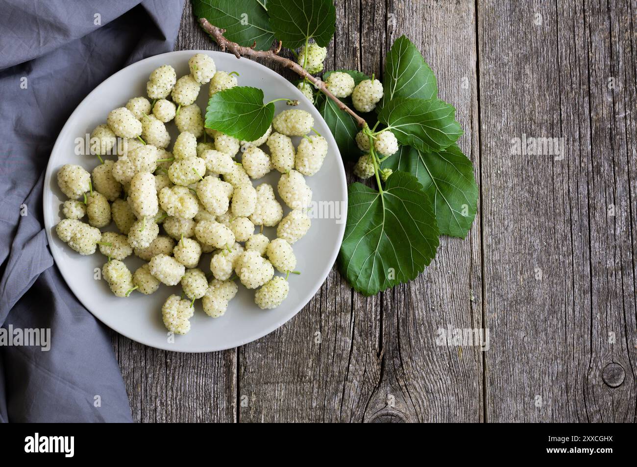 Frische weiße Maulbeeren im Teller mit Zweig auf hölzernem Hintergrund, Sommerfrucht-Konzept Stockfoto