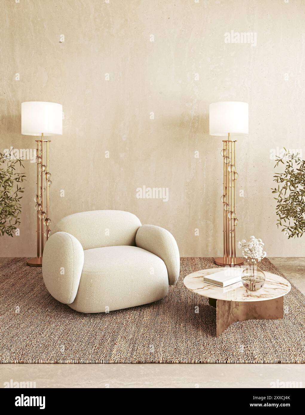 Luxuriöses Wohnzimmer mit gemütlichem beigefarbenem Sessel, Marmor-Couchtisch und Messing-Stehlampen, 3D-Rendering Stockfoto