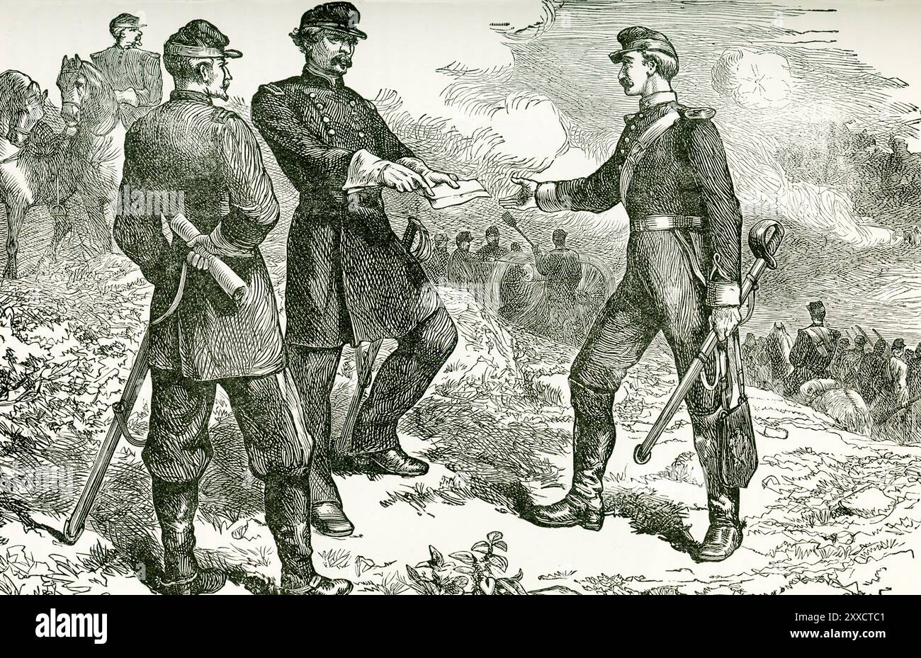 Während er die Armee der Potomac kommandierte, verwickelte McClellan konföderierte Truppen in mehreren großen Schlachten. McClellan führte die Armee der Potomac gegen Lees Truppen in der Schlacht von Antietam am 17. September 1862. Trotz des starken Widerstands besiegte er Lees Rebellenarmee und ließ sie sich aus Maryland zurückziehen. Dieser Sieg ermöglichte Lincoln die Emanzipationsproklamation, die versklavten Menschen im konföderierten Territorium die Freiheit gewährte. Lincoln wurde jedoch frustriert, als McClellan es versäumte, die konföderierte Armee von Northern Virginia zu zerstören, als sie sich zurückzog. Lincoln hat ihn von der Kommunikation befreit Stockfoto