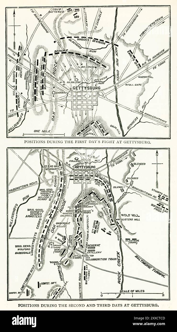 Die Schlacht von Gettysburg wurde vom 1. Bis 3. Juli 1863 in und um die Stadt Gettysburg, Pennsylvania, von Unions- und Konföderierten Truppen während des Amerikanischen Bürgerkriegs ausgetragen. Die Schlacht hatte die größte Zahl der Opfer während des gesamten Krieges und wird oft als Wendepunkt des Krieges bezeichnet. Die Potomac-Armee von General George Meade besiegte Angriffe von General Robert E. Lees Armee von Nord-Virginia und beendete damit Lees Versuch, in den Norden einzumarschieren. Hier gezeigt - Top - erster Tag der Schlacht. Unten: Zweiter und dritter Tag des Battli Stockfoto