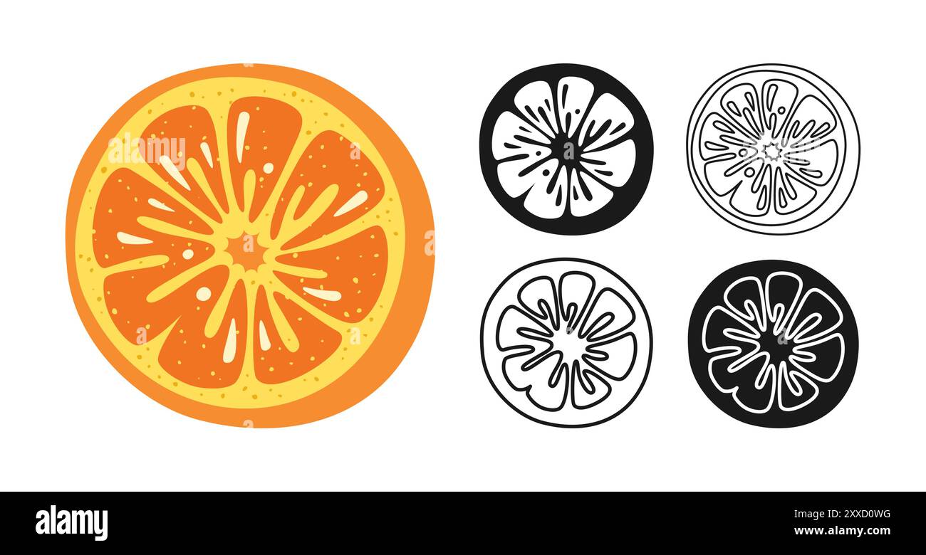 Zeichentrickset mit orangefarbenem Zitrussymbol. Halb orange Mandarine lineares Doodle-Symbol. Abstrakte kindliche, handgezeichnete Zitrusfrucht mit Logo. Signierte, stilisierte Silhouettenform. Einfache grafische Darstellung des Vektors Stock Vektor