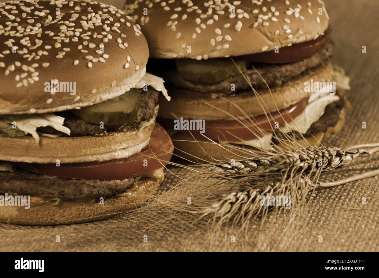 Zwei appetitliche Hamburger und Weizenohren zum Absacken. Ländliche Küche, Stillleben mit Sepia Stockfoto