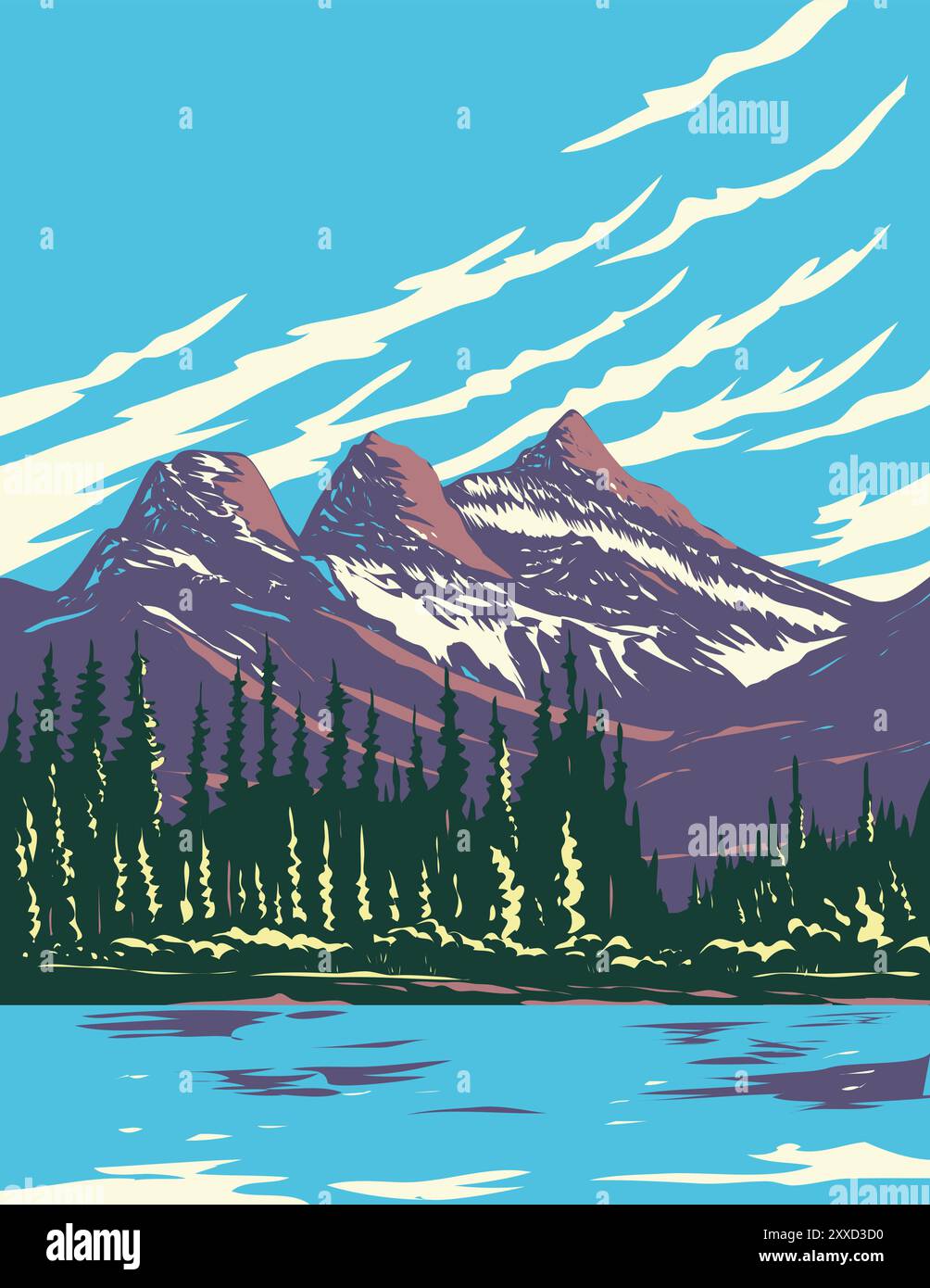 WPA-Plakatkunst von Three Sisters Mountain, Big, Middle and Little Sisters, gesehen vom Bow River in der Nähe von Banff in Canmore, Alberta, Kanada, in Works Pro Stock Vektor