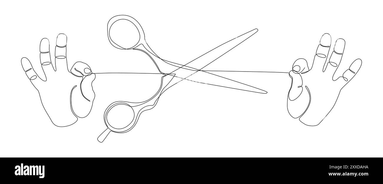 Eine durchgehende Handlinie mit Schere. Vektorkonzept für die Darstellung dünner Linien. Konturzeichnung kreative Ideen. Stock Vektor