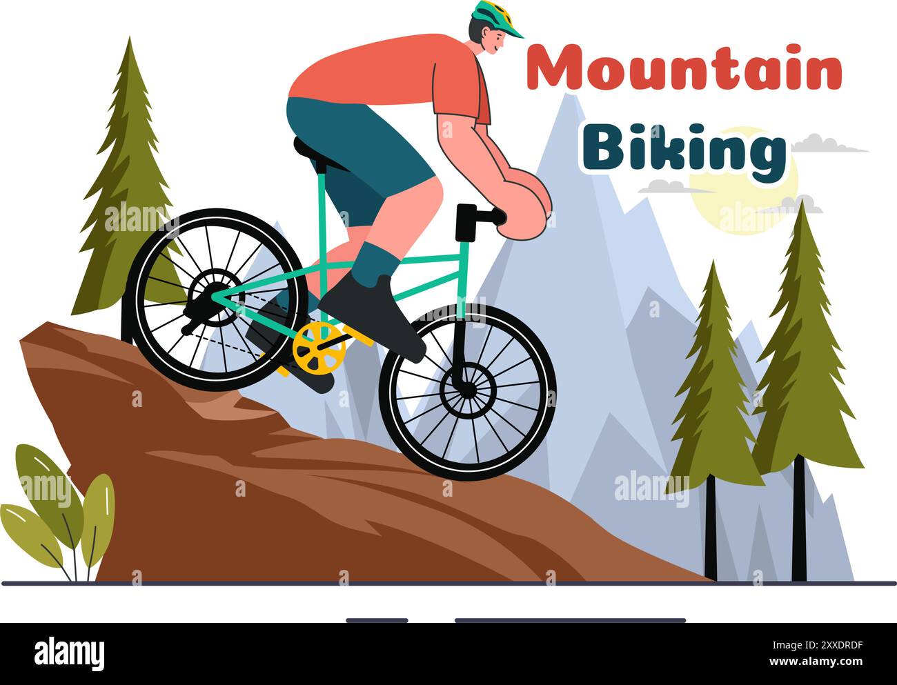 Mountain Biking Vector Illustration mit Radfahrern, die die Berge für Sport, Freizeit und einen gesunden Lebensstil in einem flachen Hintergrund reiten Stock Vektor